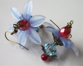 Blue Flower Earrings Lucite and Crystal Handmade Jewelry Crystal Earrings Red and Blue Beaded Flower Dangle Earrings