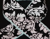 Camera Strap Slipcover Black and White Damask with Mint Purple Minky slip cover Free Lens Cap Pocket
