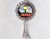 Paris Photo Pendant - Antiqued Silver Finish Metro Sign Charm - Resin Jewelry Pendant - Paris Wearable Art