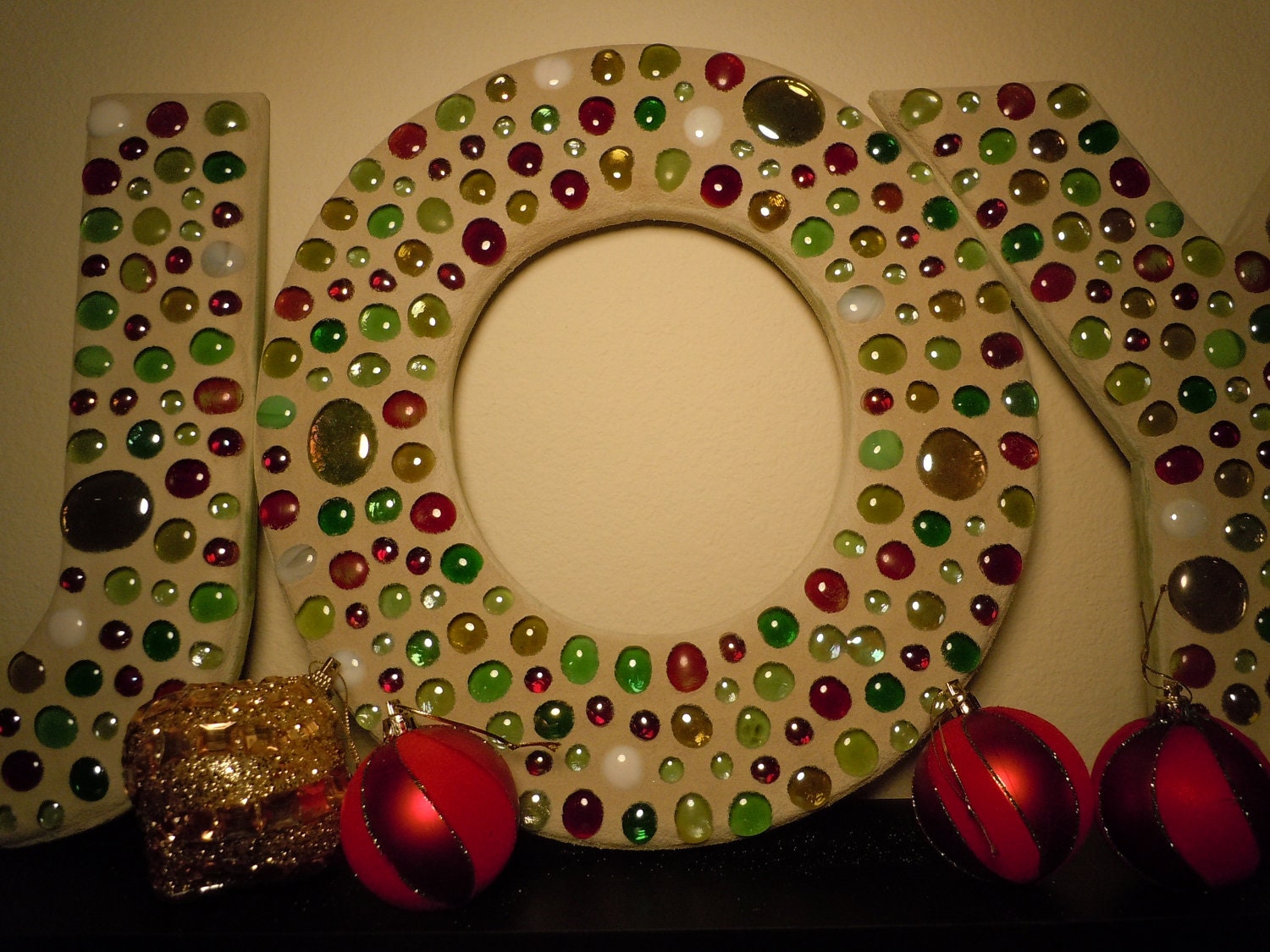JOY - Large Mosaic Letters In Array of Christmas Colors  OOAK Fruit Cake