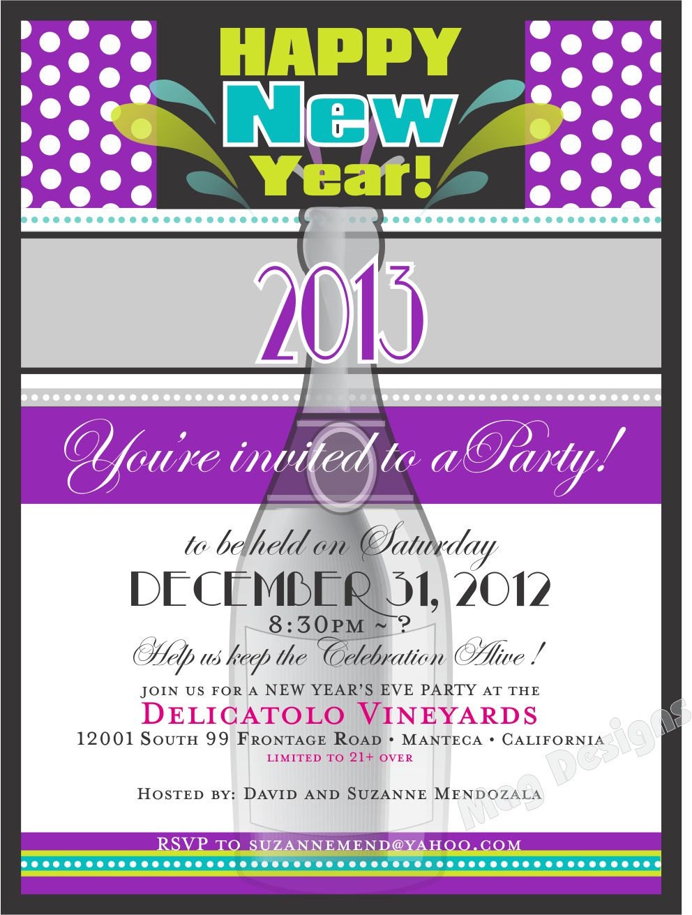 New Years Eve Party Invitation Card Personalized and Customizable with your text & colors