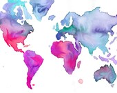 Print from original Watercolor World Map No. 7 by Jessica Durrant, sized 36 x 48"