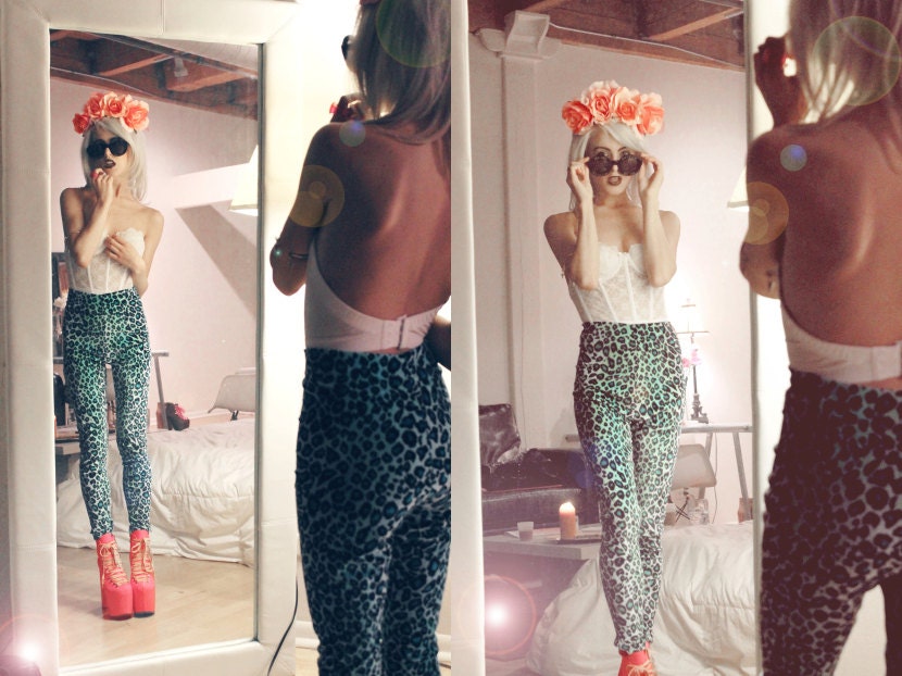 High waist leggings - Blue leopard velvet