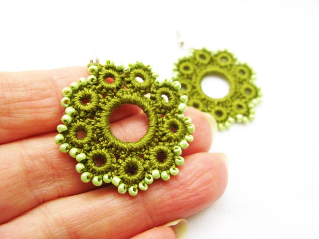 Hand Crochet Beaded Flower Earrings an Olive Green