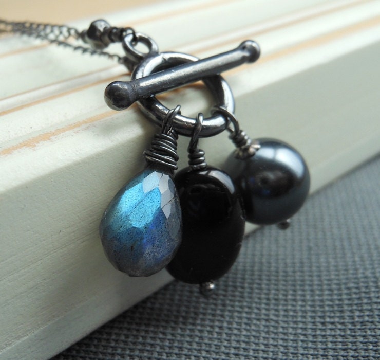 SALE Labradorite Toggle Front Necklace, Labradorite, Black Onyx, and Gray Shell Pearl Sterling Silver Toggle Front.  Oil Slick.