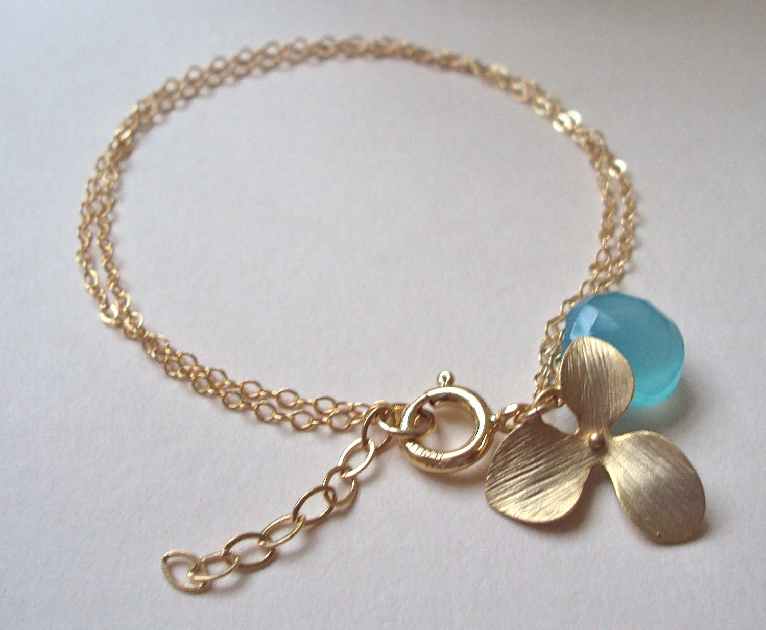 Gold Orchid & Aqua Blue Chalcedony gold filled bracelet - adjustable length