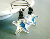 Starry night, faceted swarovski crystals, star pendants wire wrapped earrings, bridemaid, sparkling, graduation gift,