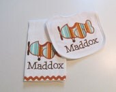 Baby Boys Airplane Burpcloth and Bib Set, Orange, Brown, Monogram