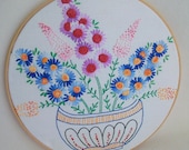 Embroidered Bowl of Flowers Upcycled Vintage Stitchery Hoop Art Linen