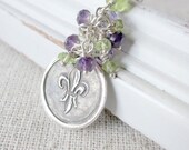 Fleur de Lis Necklace, Wax Seal Jewelry, Fine Silver Pendant, Ameythst, Peridot, Sterling Silver - Orleans