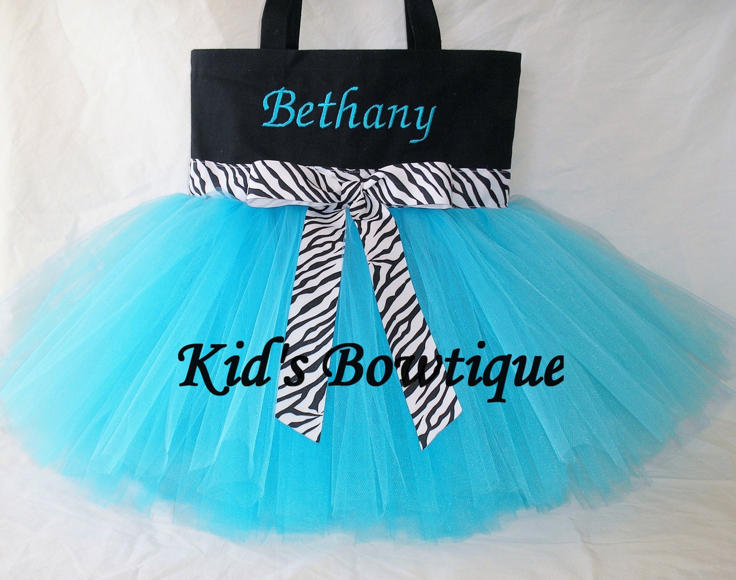 Monogrammed  Aqua Tutu Tote Bag with Zebra Ribbon