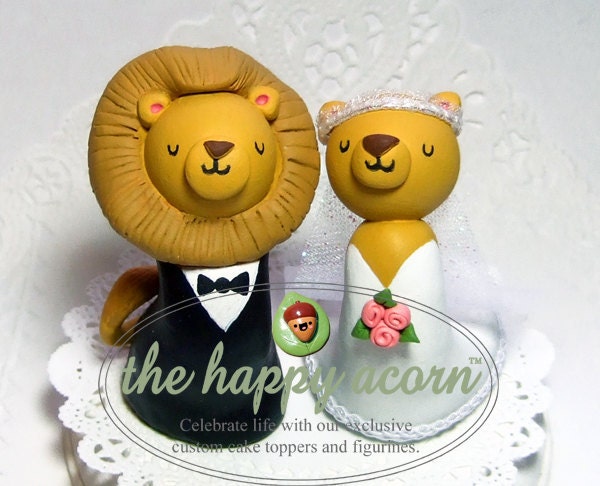 LION WEDDING Cake Topper Lions - Polymer Clay Kawaii Animals Bride and Groom Cake Topper - Handmade by The Happy Acorn