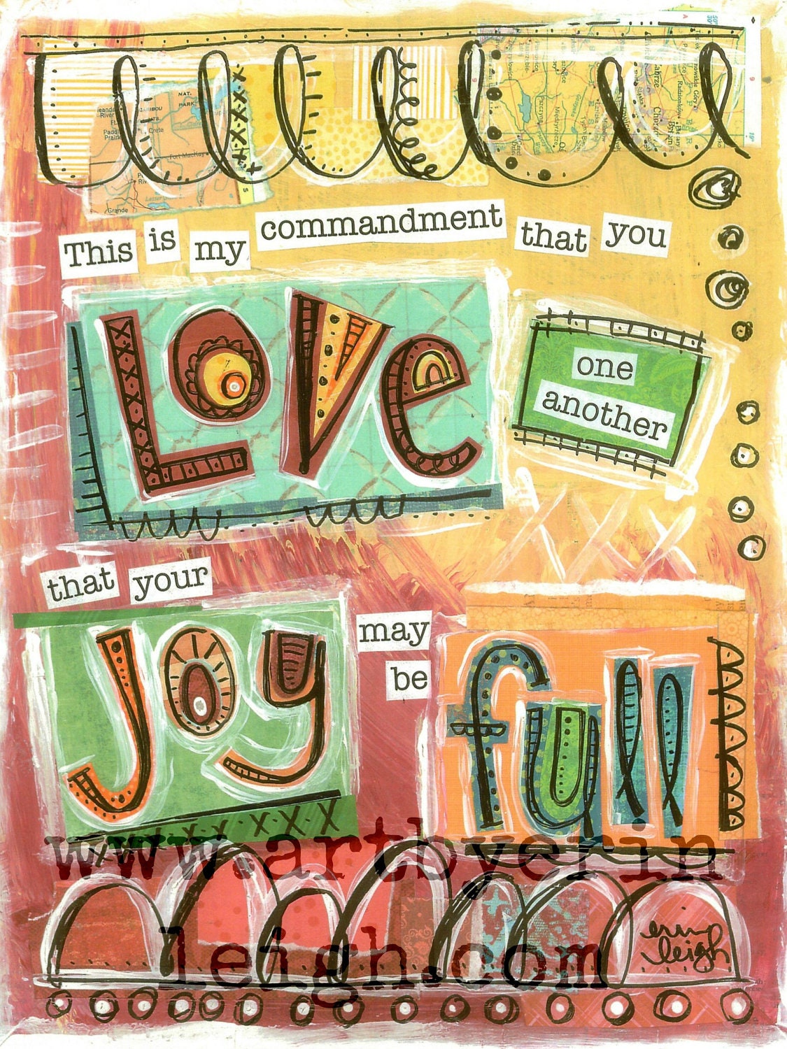 Kids Scripture Art, Bible Verse Art, Christian Art Love One Another, 8 x 10 Fine Art Print, Mixed Media Collage