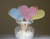 Pastel Gingham Heart Cupcake Toppers Blue Pink and Yellow Lavender