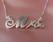 Cursive Mrs. Necklace, Sterling Silver, with or without swarovski, Double thick silver,Choose from 14  different fonts