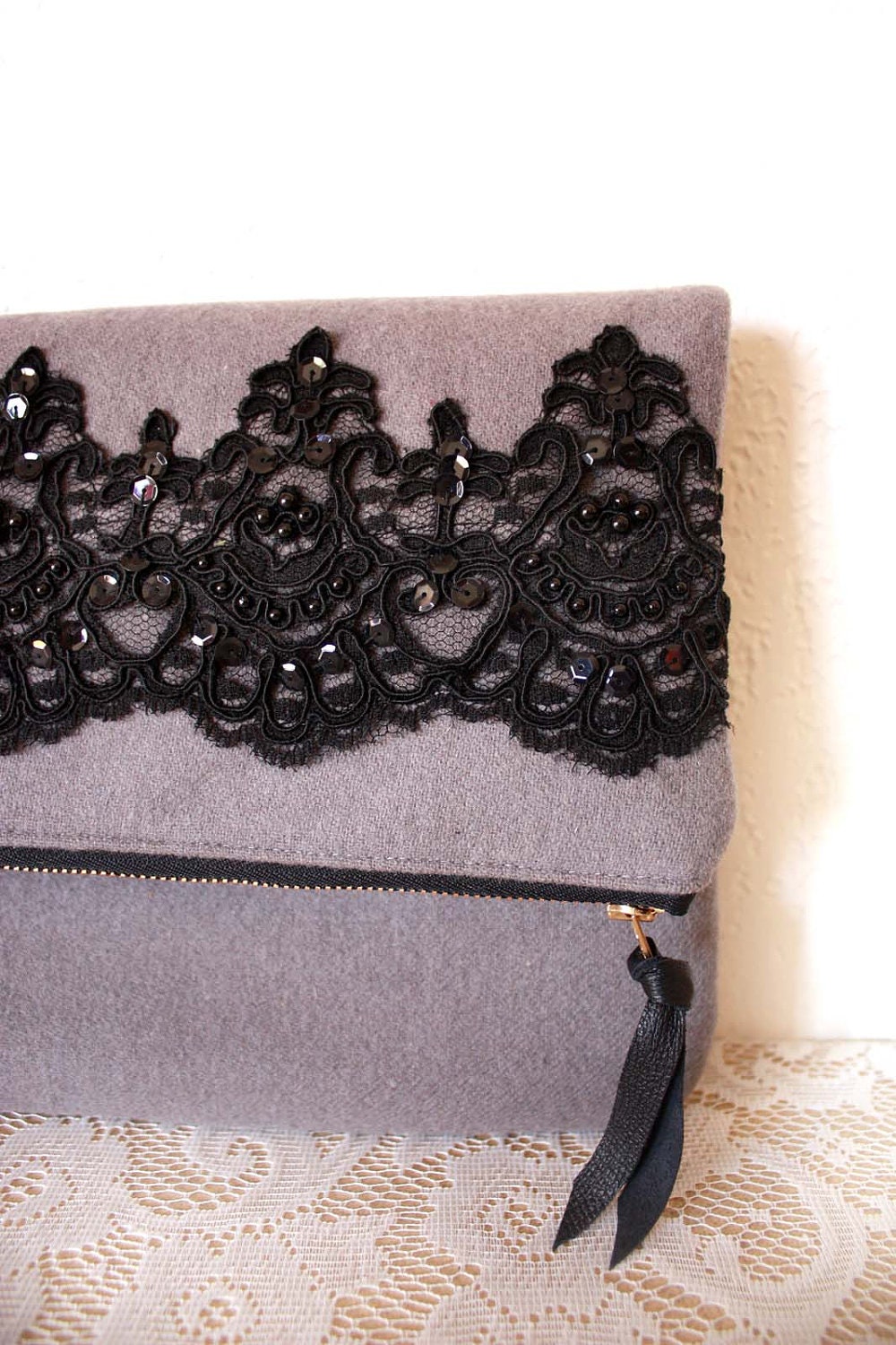 Women Foldover Clutch in Wool & Black Sequined Lace // Bags and Purses -- Ready To Ship--