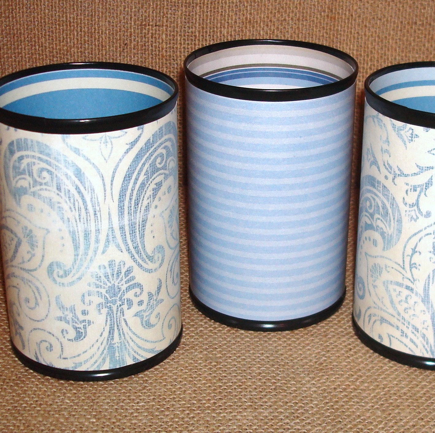 Pencil Cups Blue and Cream Damask and Stripes Pencil Holder Desk Accessory Set No. 206