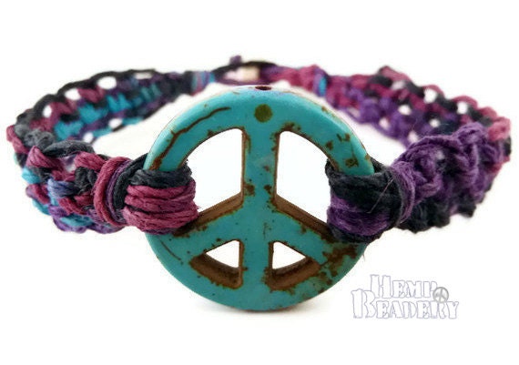 Hemp Bracelet, Peace Sign Bracelet, Hemp Jewelry, Macrame Bracelets, Peace and Love