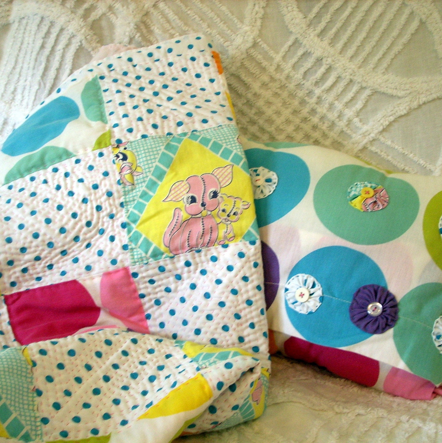 Baby Quilt Pillow Handmade Vintage Fabric Polka Dots Pastels Boy or Girl Bed Room Decor Wall Hanging Bedding Set Toddler Room Vintage Style