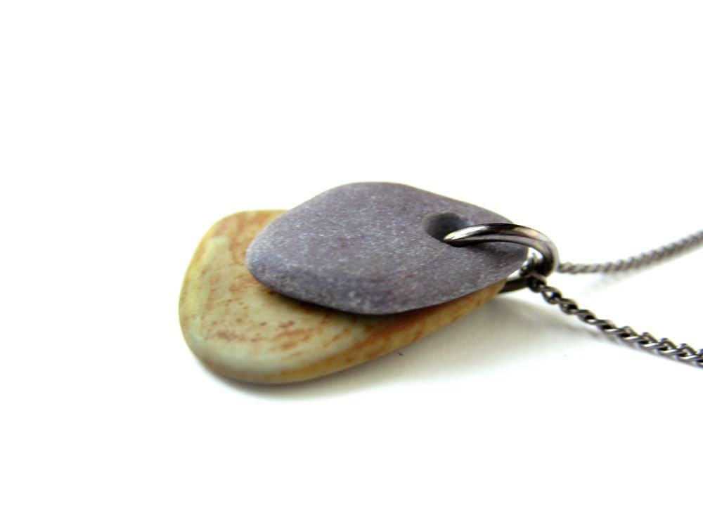 Natural Jewelry - Zen Stone Necklace,  Purple on Mottled Orange and Green with a Gunmetal Chain. 944