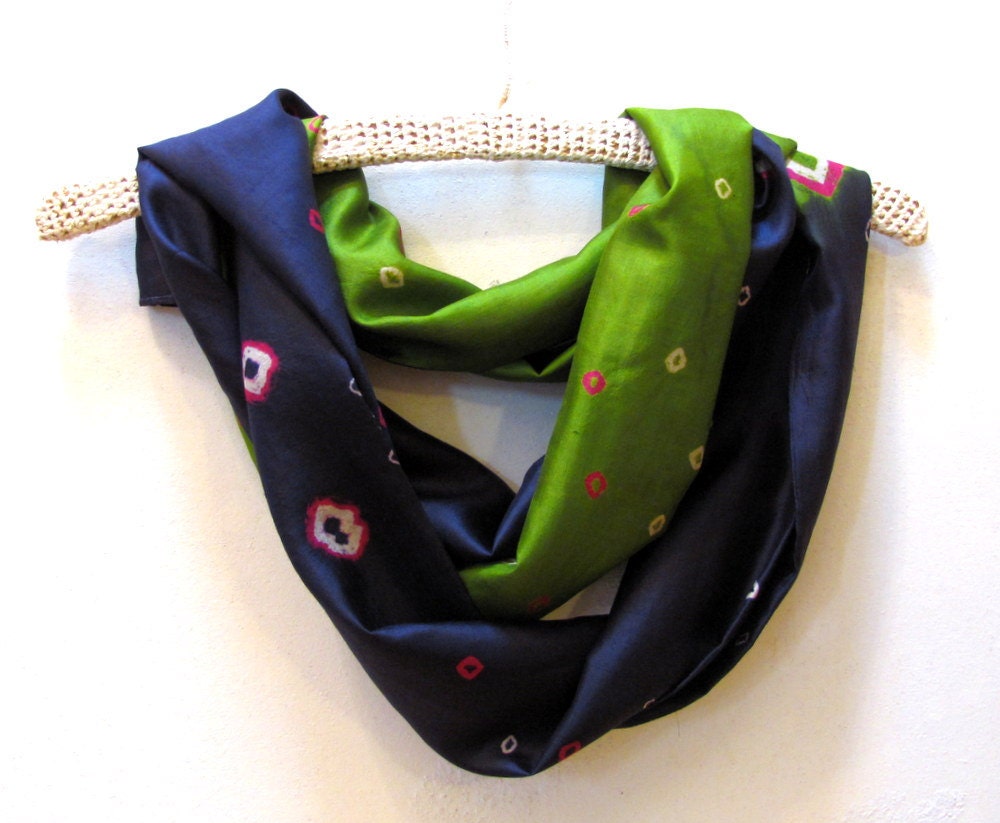 Silk sari or saree scarf in blue and green batik