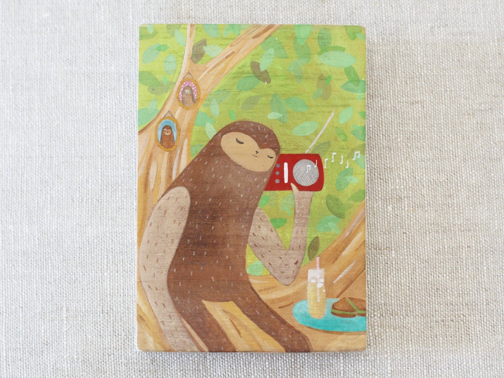 Sloth and Radio Painting on Wood