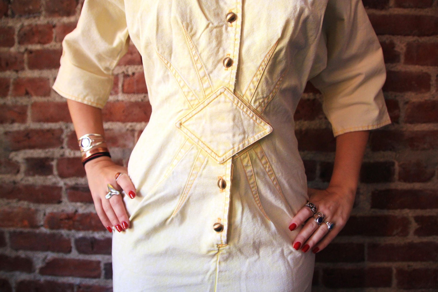 CHAMPAGNE SUNBURST - 1980s Acid Washed Yellow Denim Dress Amazing Small