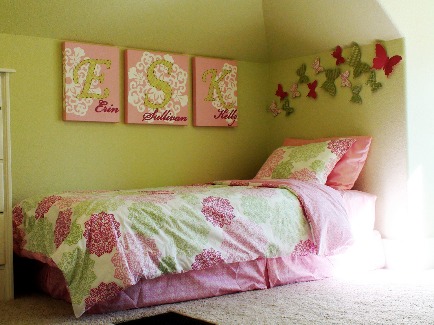 Canvas Children's Wall Art - 46 x 18 Total Size - Personalized Original Painting With Hand-Stitched Fabric