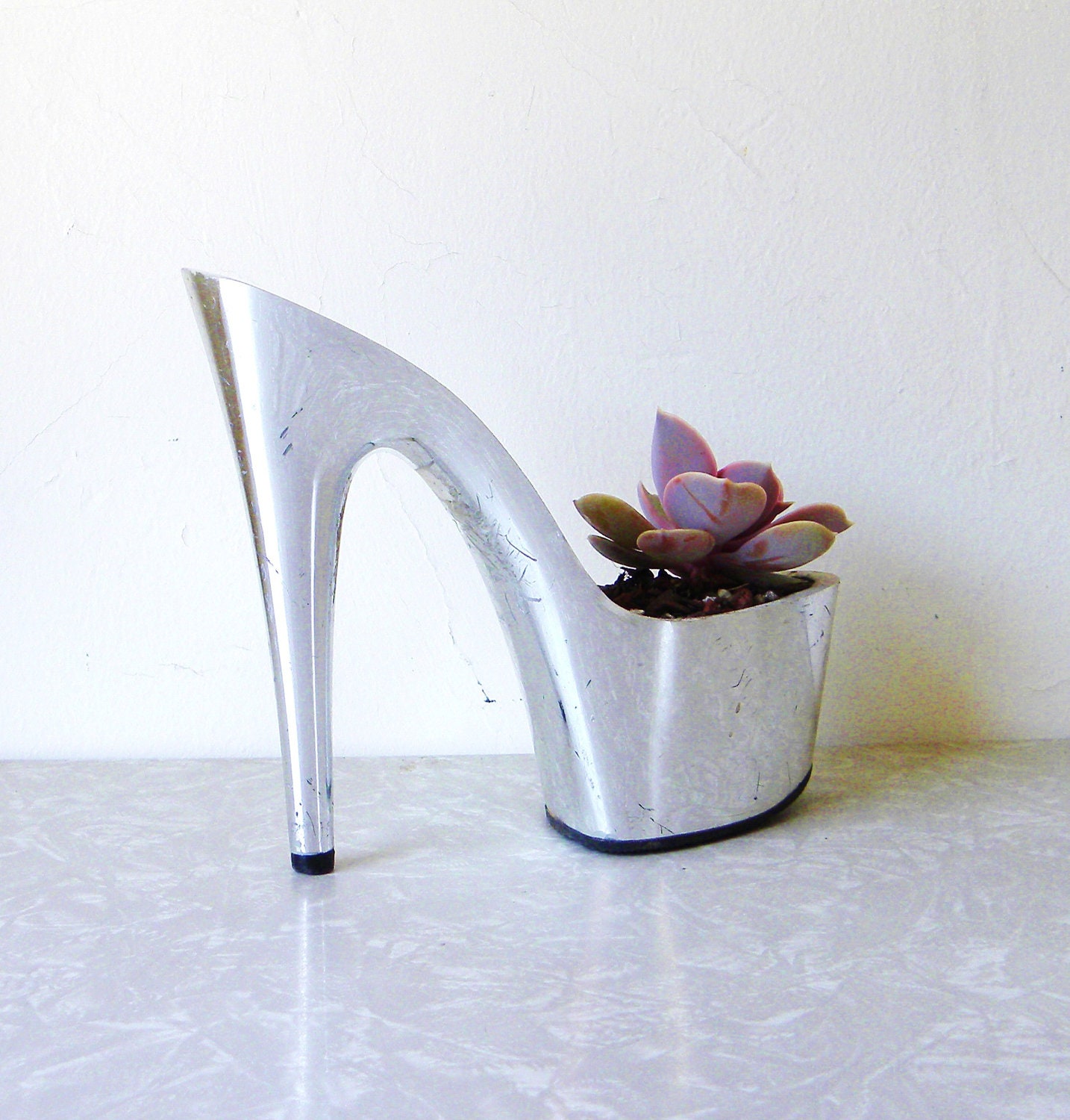 Ice Queen. succulent planter: reclaimed silver stiletto heel.  upcycled eco friendly