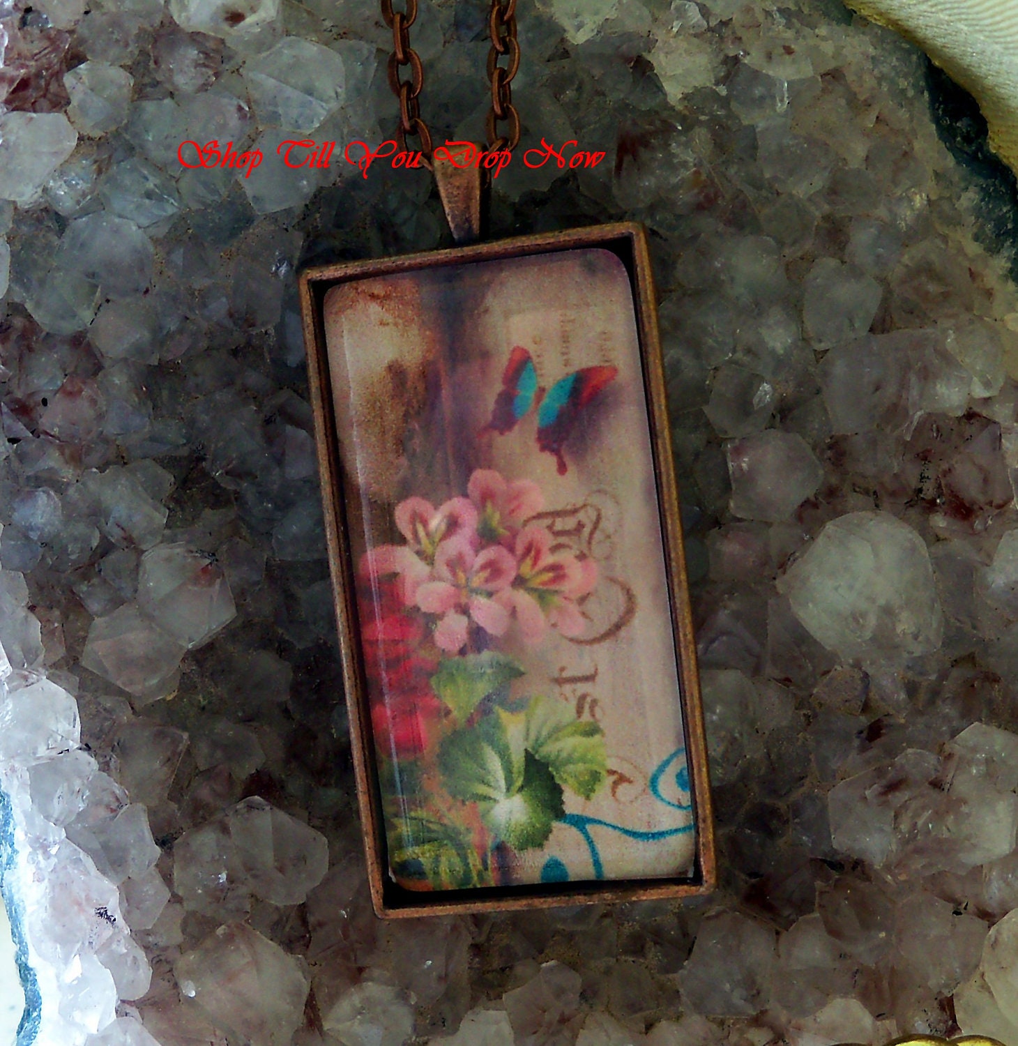 Butterfly Garden Glass rectangle Copper tray pendant with chain by shoptillyoudropnow on Etsy