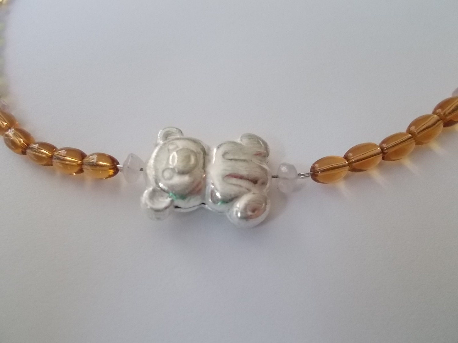 Soothing Rose Quartz and Amber Teething Necklace with Silver Plated Bear, Reiki Charged