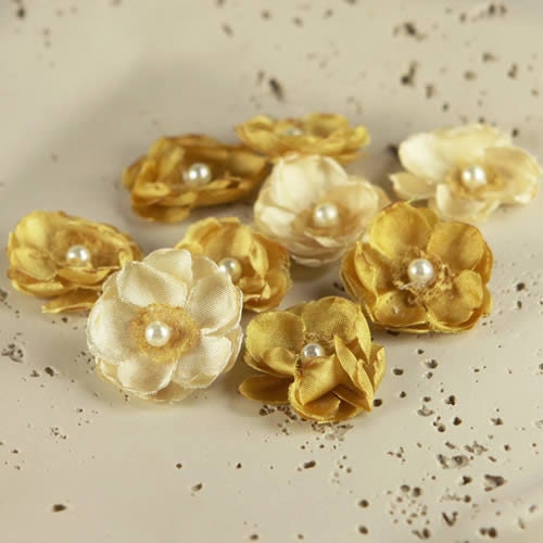 Prima Flowers Bristo Blooms Collection Nugget - Fabric and Lace Flower Embellishments in Yellow and Gold - Item 553081