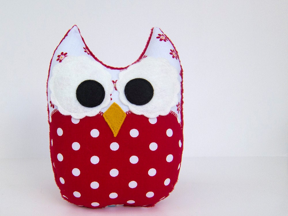 Stuffed Owl Toy Plush Mini Pillow Softie Red White Polka Dot Minky