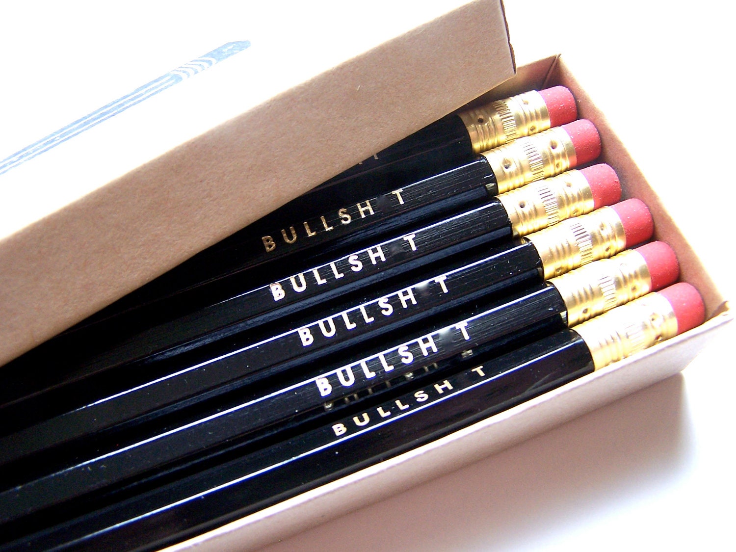 PENCILS (6) black - bullsh.t GRAPHITE hex pencils w/ hand-stamped pencil box