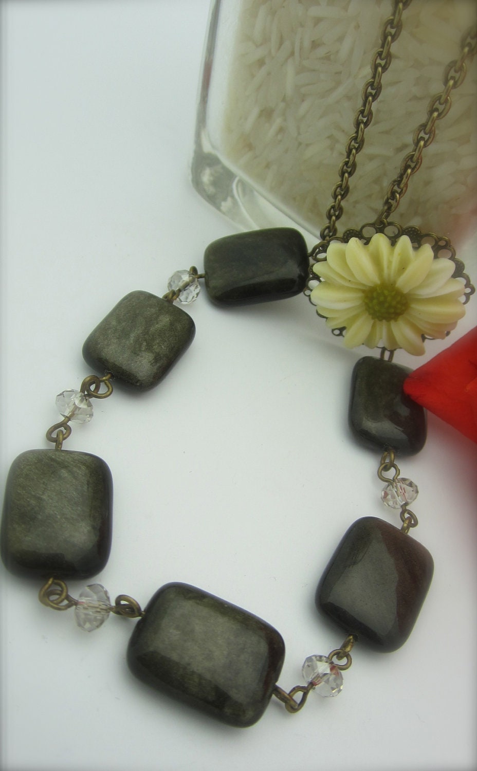CONCEAL ME - Pale Yellow Daisy Cabochon / Smoky Swarovski Crystals And Shadow Beads