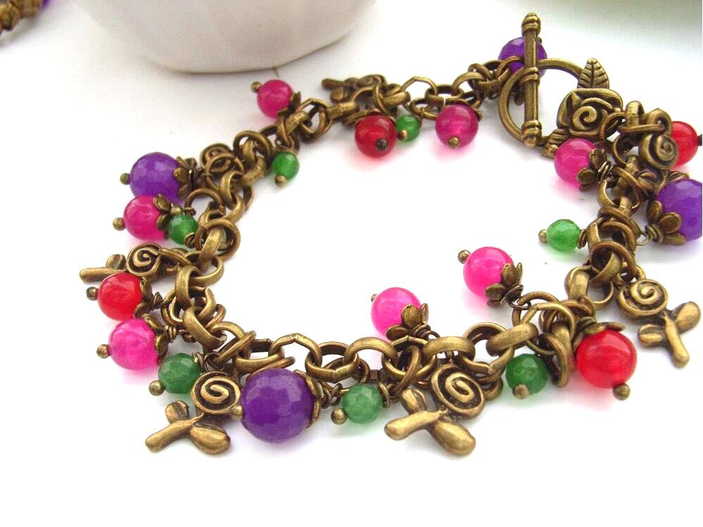 Vintage style charm bracelet rose pink purple red green beads UK seller