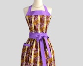 Womens Bib Full Apron . Kitchen Apron Handmade in Colors of Purple Brown Floral Stripe Perfect for Monogram or Personalization