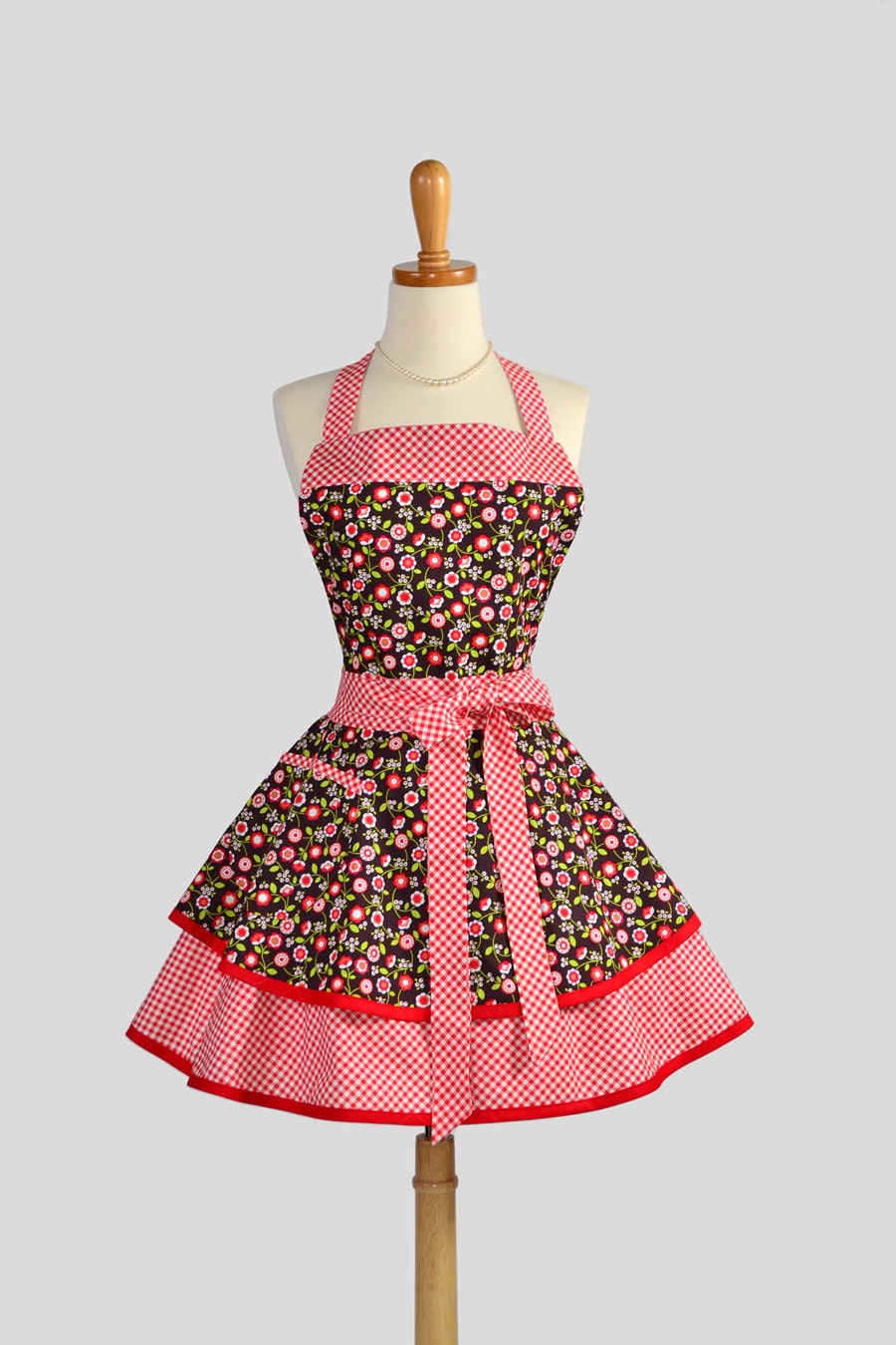 Ruffled Retro Apron - Cute Womens Apron in Country Fall Floral with Flirty Gingham Handmade Full Kitchen Apron