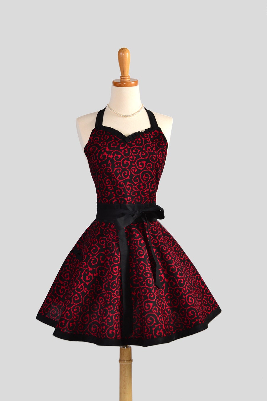 Sweetheart Retro Apron , Sexy Handmade Kitchen Apron in Red Scroll Print on Black Background