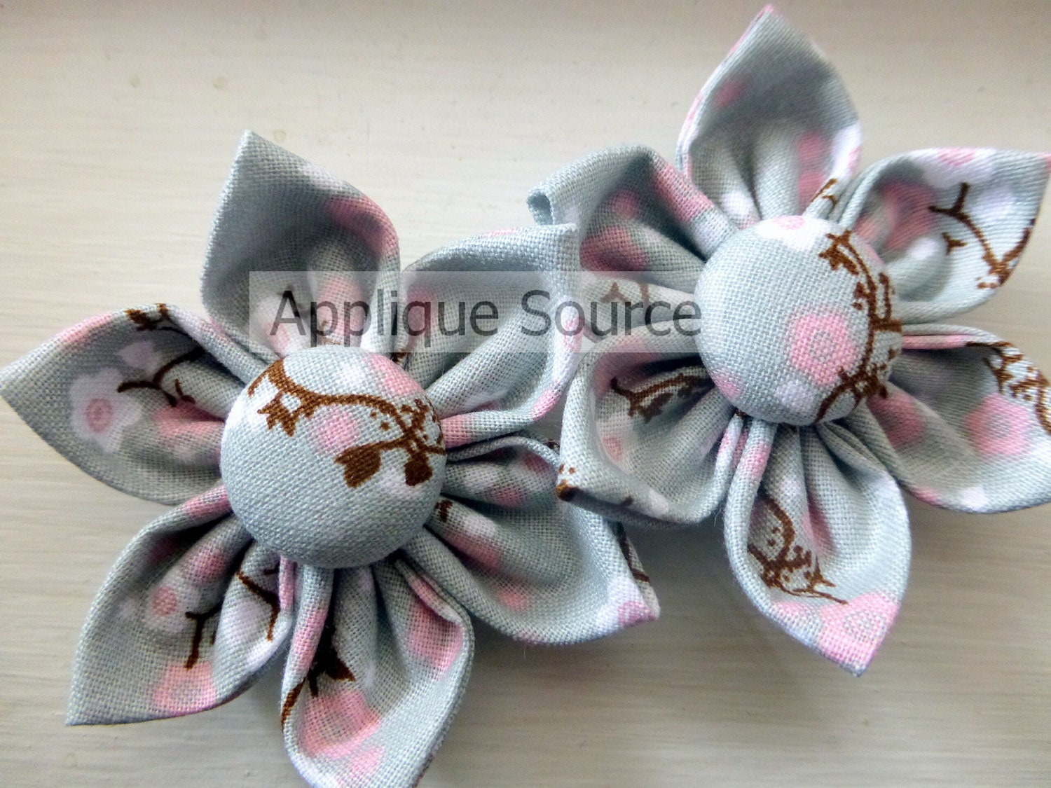 Set of Two Pink Flowers on Gray Handmade Fabric Flowers with Covered Button Center - Flower Appliques