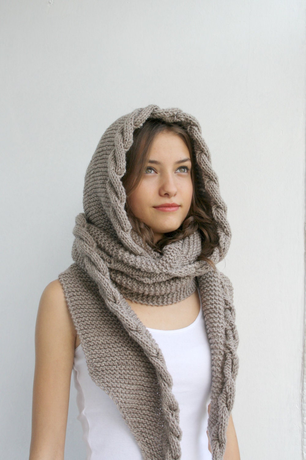 Free Shipping Milky Brown Wool Hooded Cabled  Long Scarf  Cowl Mothers Day gift Under USD100