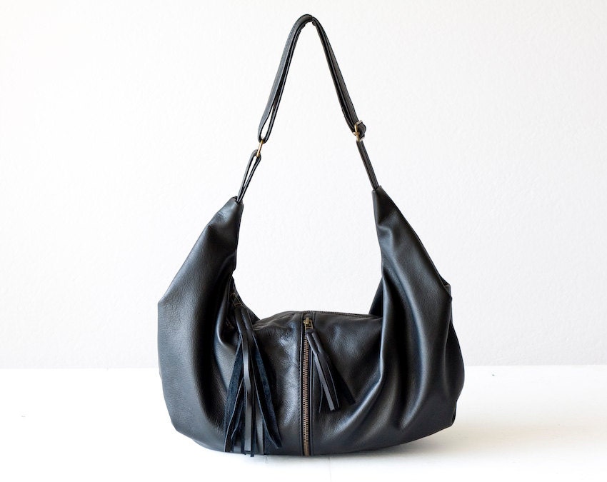 Black soft Leather crossbody bag , Black  leather shoulder purse , Black leather slouch bag in Black - Mini Kallia bag