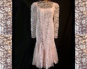 Vintage 80s Pink Lace Party Dress Gored Flair Skirt 20s Style Sz 20