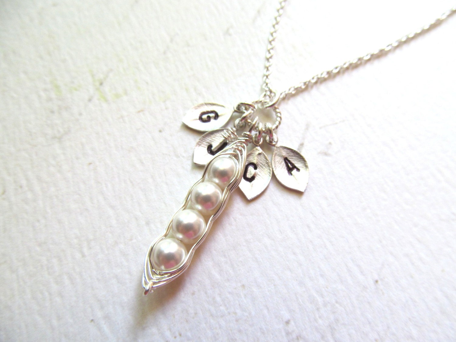 Personalized Jewelry Gift for Mom - Peas in a Pod Necklace- 4 PEAS STERLING SILVER Best Friends Gifts from kids Initials Children Grandma