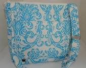 Camera Bag DSLR Purse // removable insert SLR Camera Purse// messenger// Turquoise Blue Damask  Linen by Darby Mack Designs