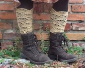 Beige Walk - crocheted open work lacy long leg warmers spats cuffs