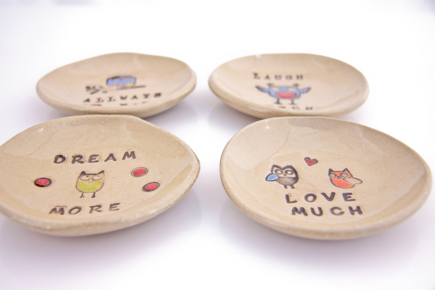 Ring dish owls with a message set of four
