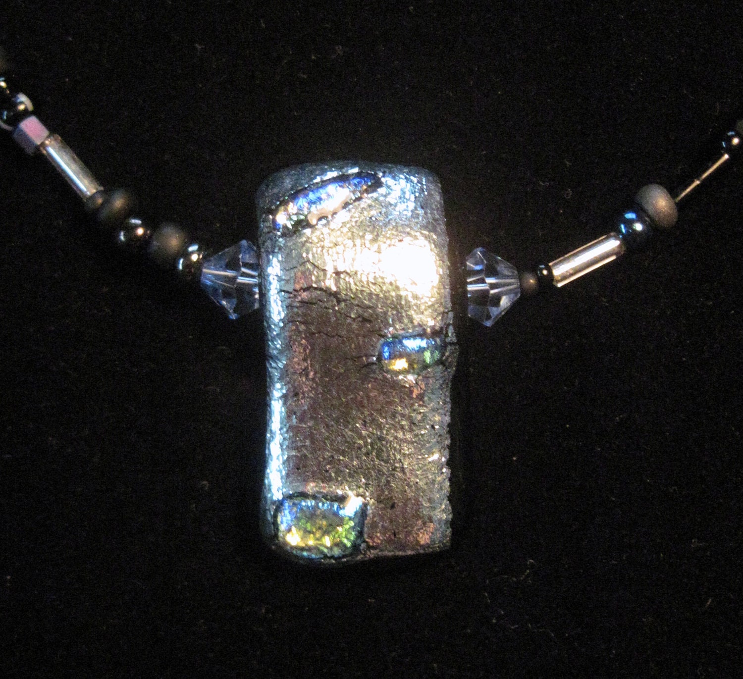 Silver blue and black dichroic glass beaded casual wear necklace