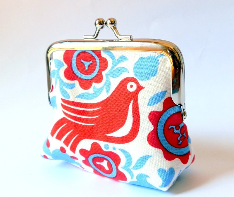 Birds coin purse in medium with red birds and blue on a white background
