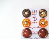 Set of Three Chocolate Caramel Brown and Orange Petite Post Earrings - Fall colors